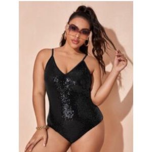 SHEIN Plus Black Sequin Overlay One Piece Swimsuit